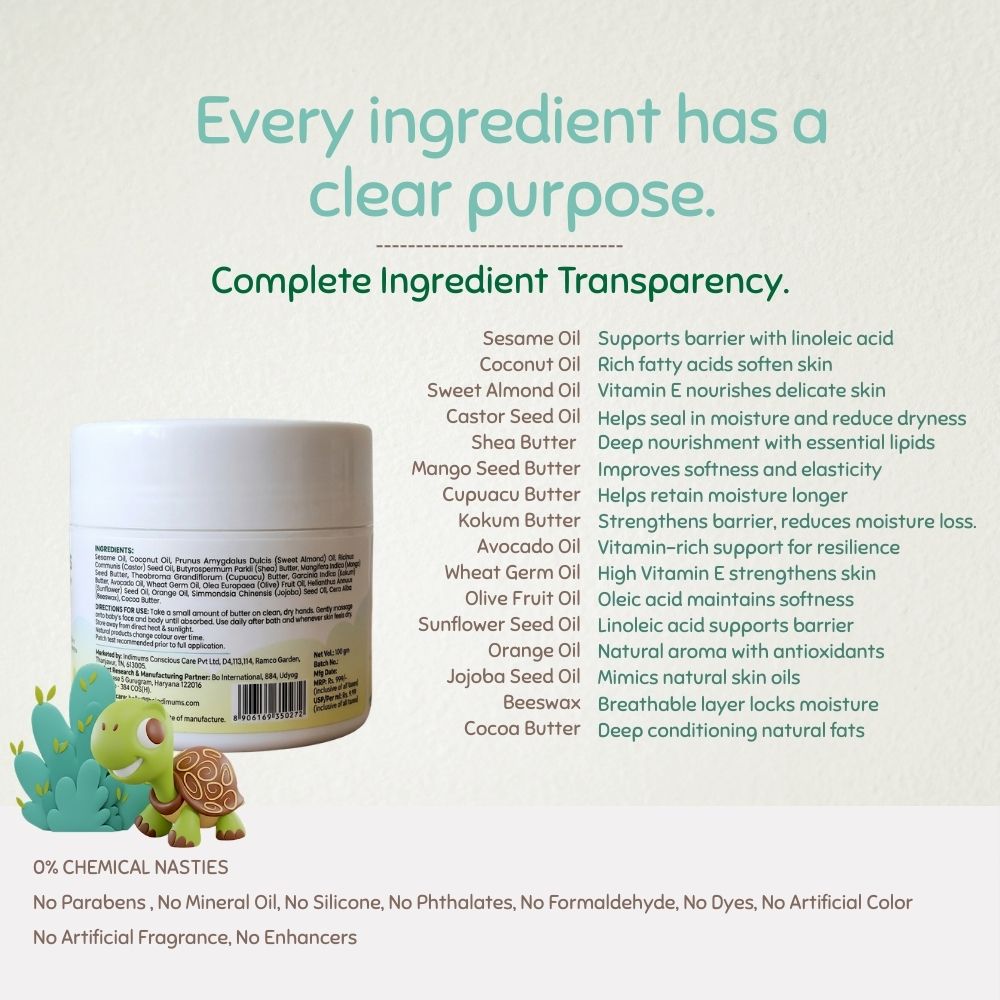 Indimums Face & Body Butter with a list of ingredients and benefits on a light background