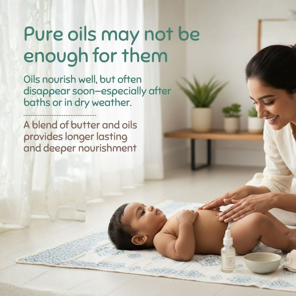 Woman massaging a child's back with a bottle in a home setting.