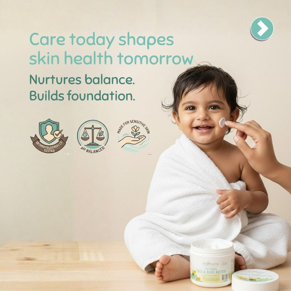 Child being cared for with skincare product, text about skin health, and brand icons.