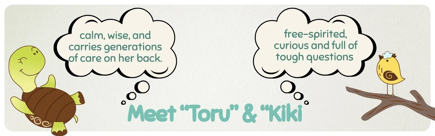 Two cartoon characters, a turtle and a bird, with descriptive text bubbles and the text 'Meet Toru & Kiki' on a white background.
