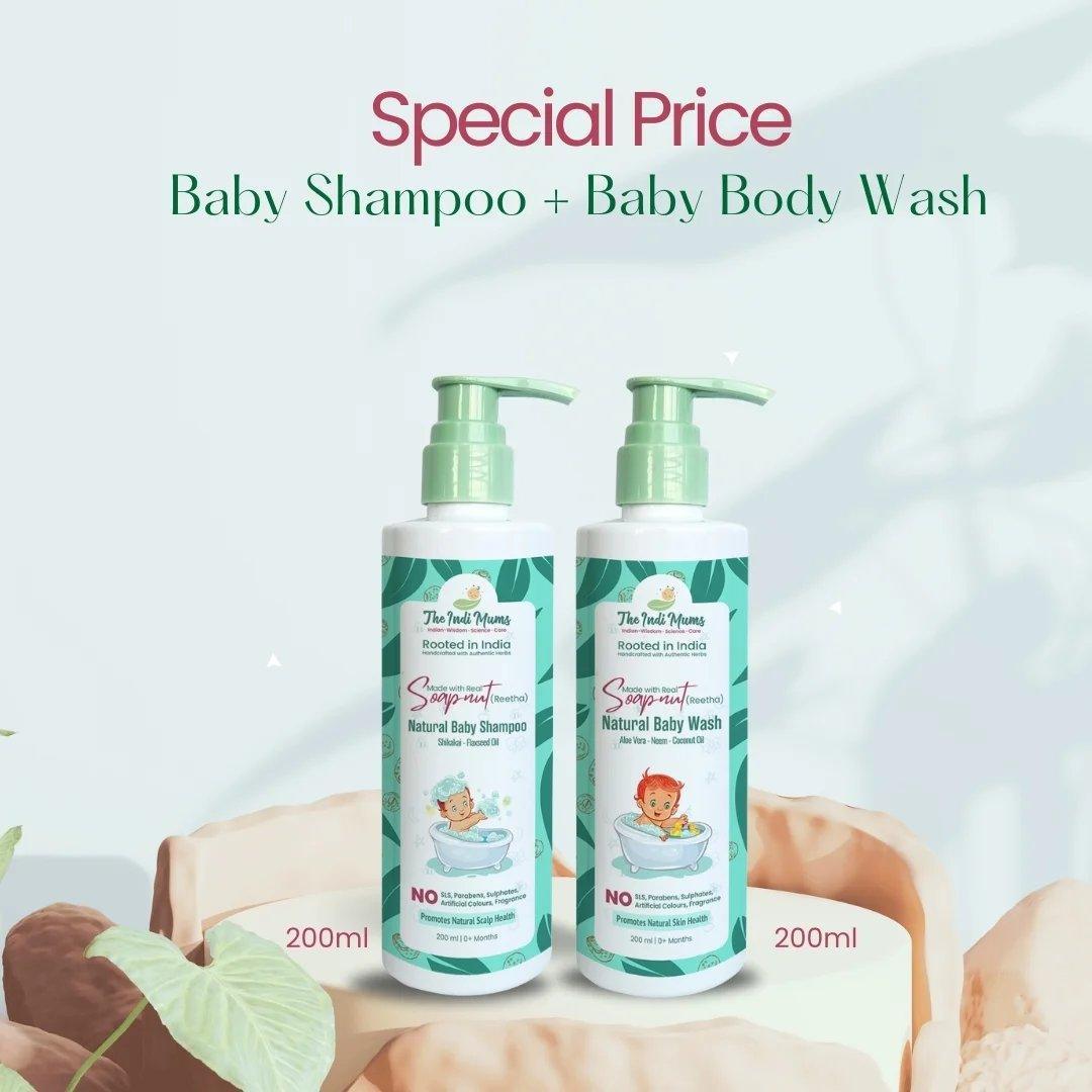 The Indi Mums Natural Baby Shampoo and Body Wash Duo, formulated with nourishing ingredients, gently cleanses baby's delicate skin and hair without drying them out. This chemical-free set is perfect for newborns and promotes natural skin and hair health, making it a safe and effective choice for baby care.