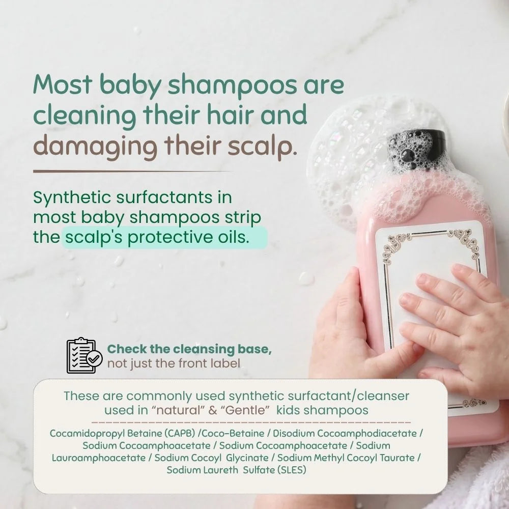Baby shampoo cleansing base comparison showing synthetic surfactants versus natural shampoo ingredients