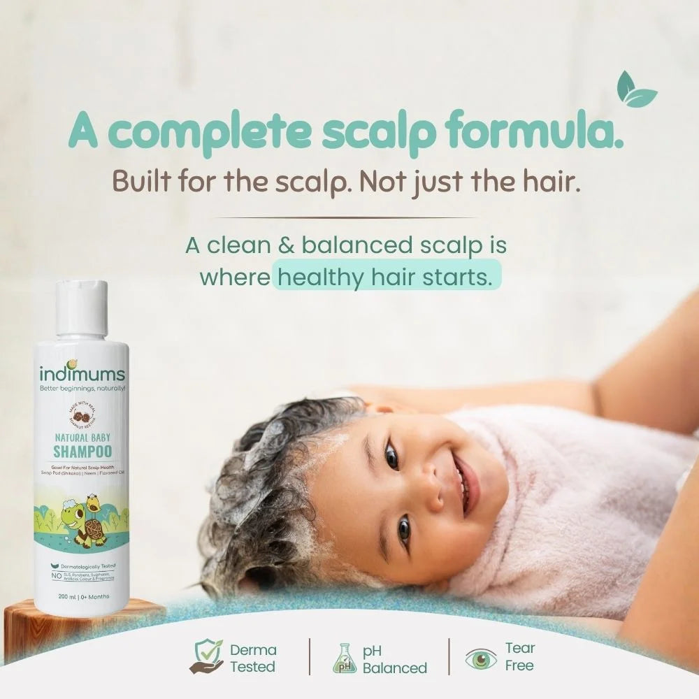 Indimums natural baby shampoo for scalp care with pH balanced, tear free and derma tested formula