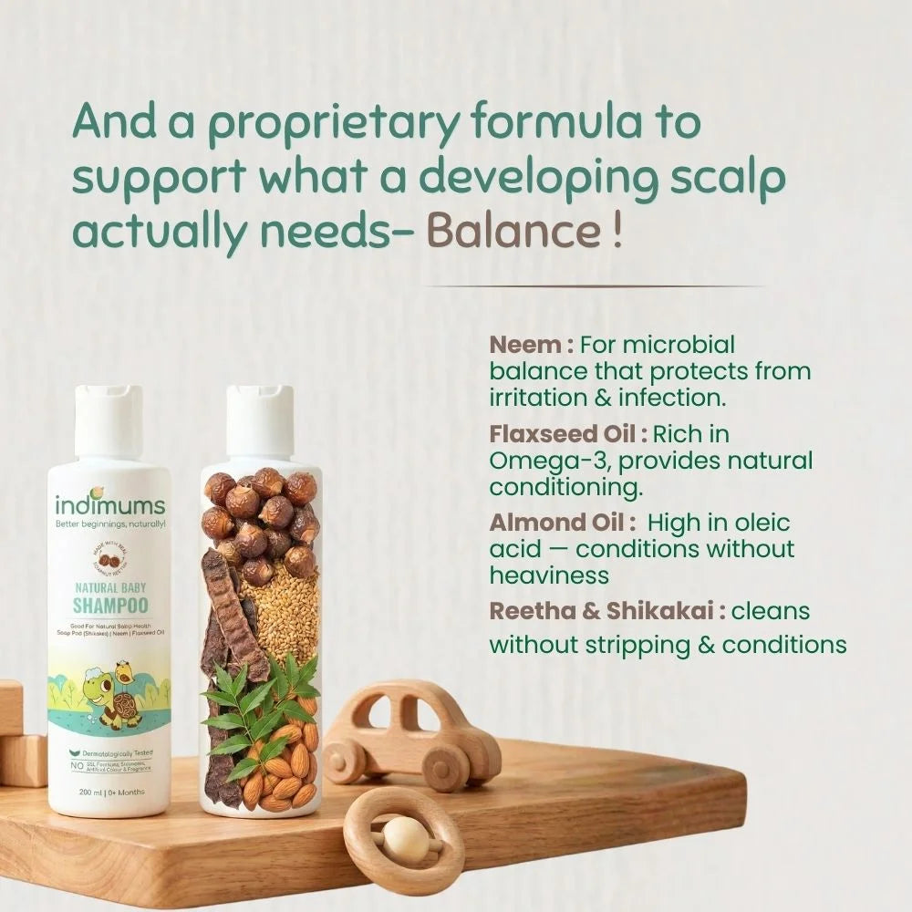 Indimums natural baby shampoo with neem, flaxseed oil, almond oil, reetha and shikakai