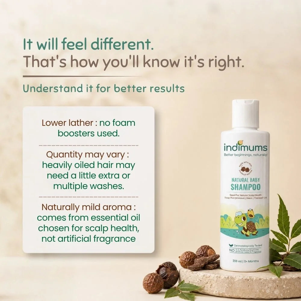 Low lather natural baby shampoo with no foam boosters and mild essential oil aroma
