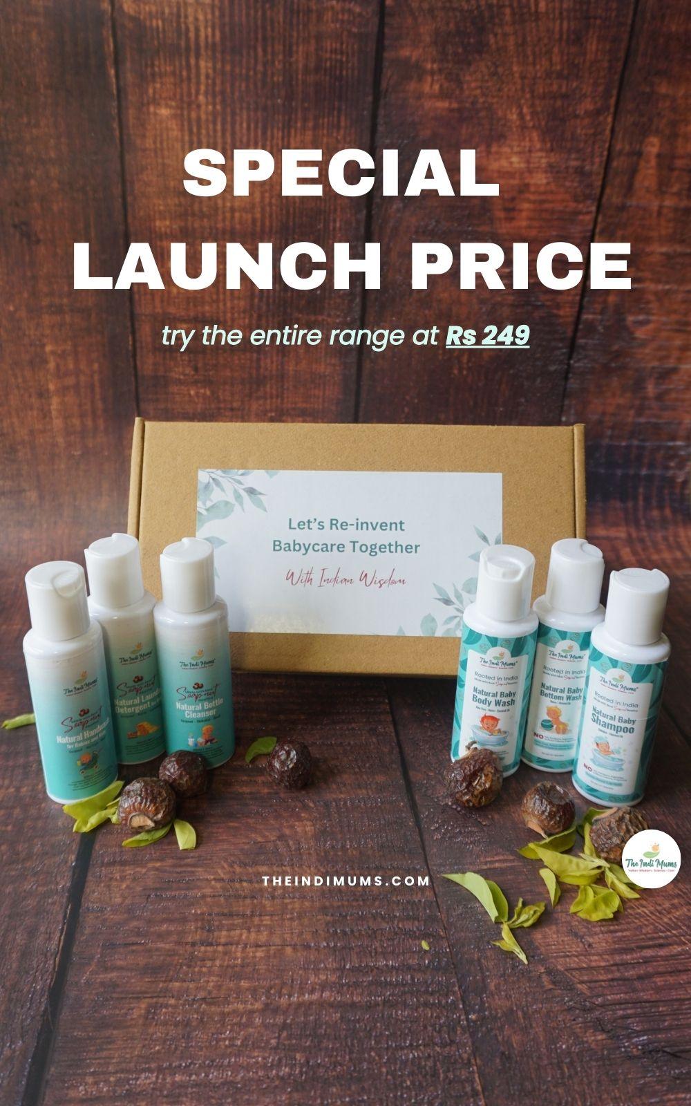 A box of The Indi Mums baby care products, including shampoo, body wash, and bottom wash, all made with natural ingredients and offered at a special launch price.

