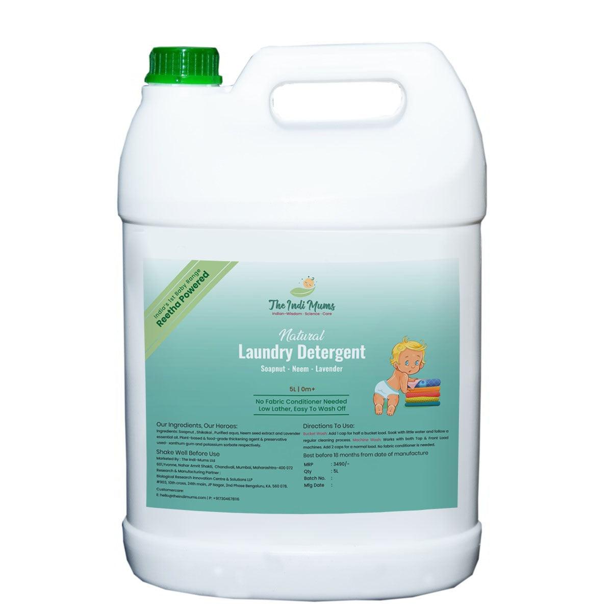 A 5-liter canister of The Indi Mums Natural Laundry Detergent