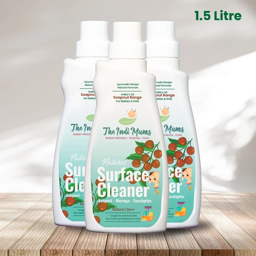 three  500ml bottles of The indi mums babysafe natural surface cleaner and floor cleaner