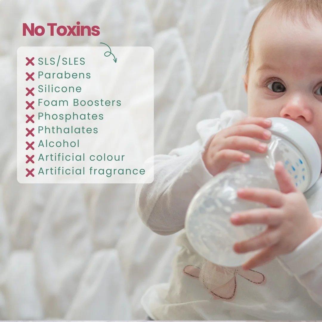 List of chemicals which are not included in the natural baby bottle cleaner from The Indi Mums and which can cause harm to babies