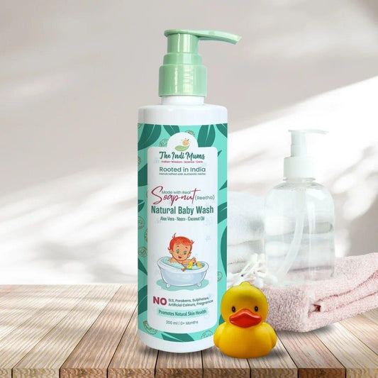 A bottle of Reetha-based Natural Baby Wash by The Indi Mums