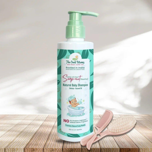 A bottle of Reetha-Shikakai Natural Baby Shampoo by The Indi Mums