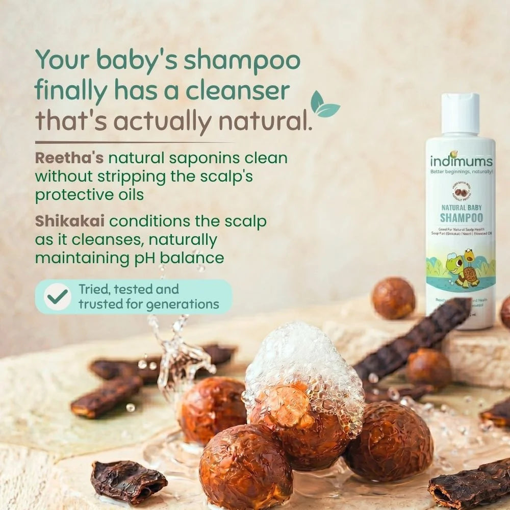 Reetha and shikakai natural cleanser base in Indimums baby and kids shampoo