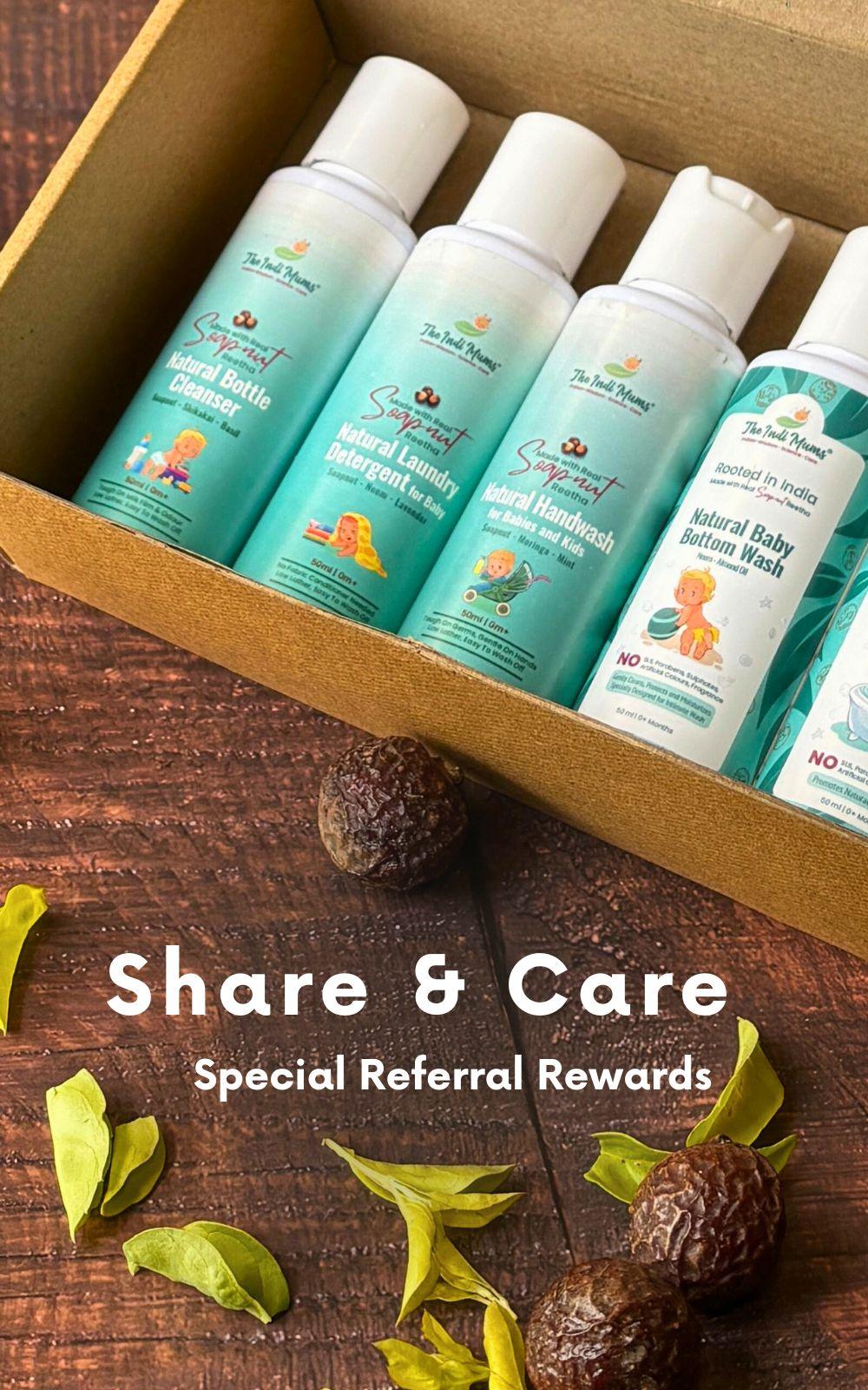 A box of baby care products with a text overlay of "Share & Care" and "Special Referral Rewards". The products include shampoo, body wash, and bottom wash.

