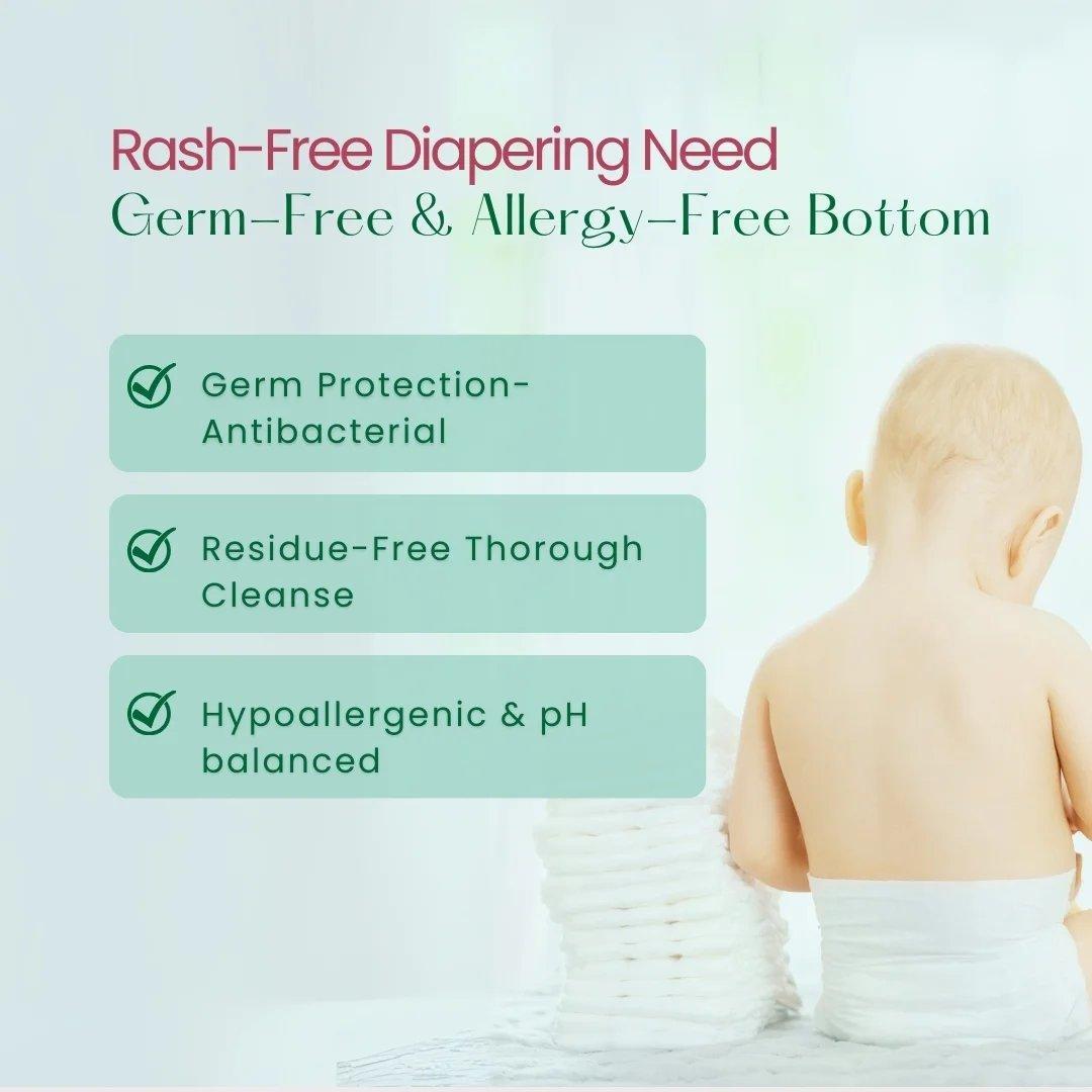 A graphic explaining the benefits of The Indi Mums Natural Baby Bottom Wash, including germ protection, thorough cleansing, and hypoallergenic pH-balanced formula.

