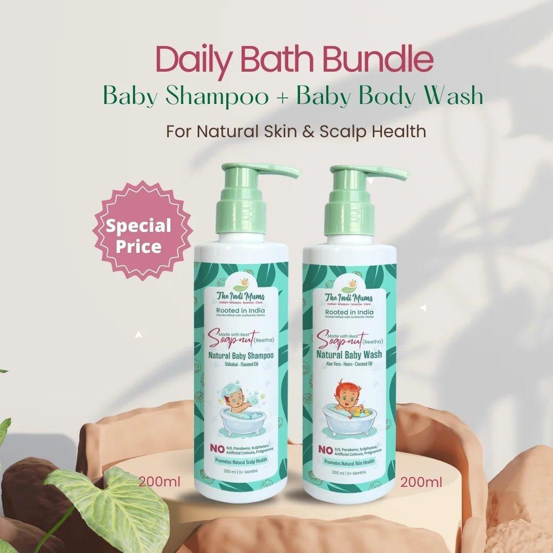 The Indi Mums Daily Bath Bundle, including a natural baby shampoo and body wash.

