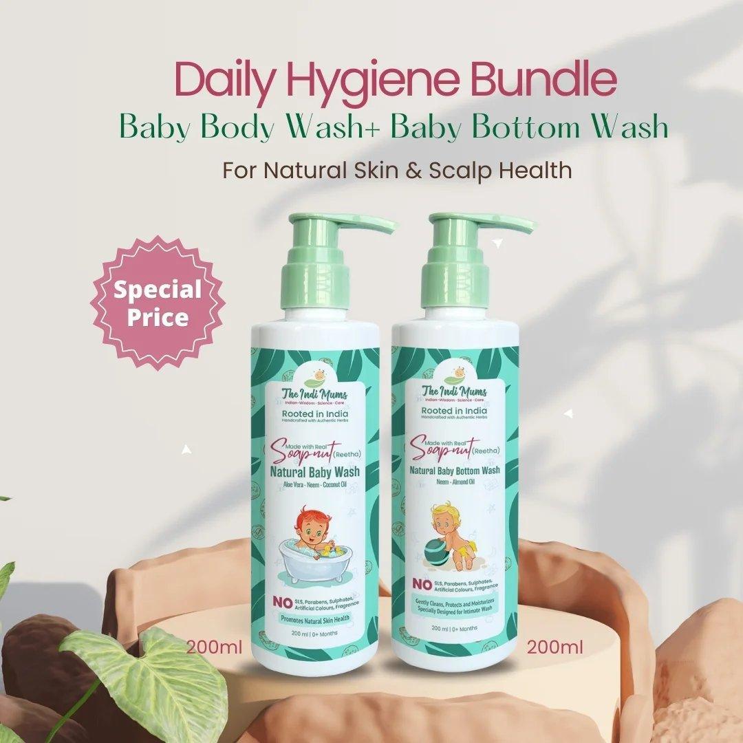 A set of The Indi Mums baby body wash and baby bottom wash, featuring natural ingredients and a special price.

