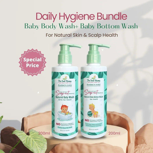 The Indi Mums Daily Hygiene Bundle, including a natural baby body wash and bottom wash.


