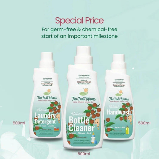 Bottles of herbal newborn products - The Indi-Mums bottle cleanser, natural handwash and organic laundry detergent for baby