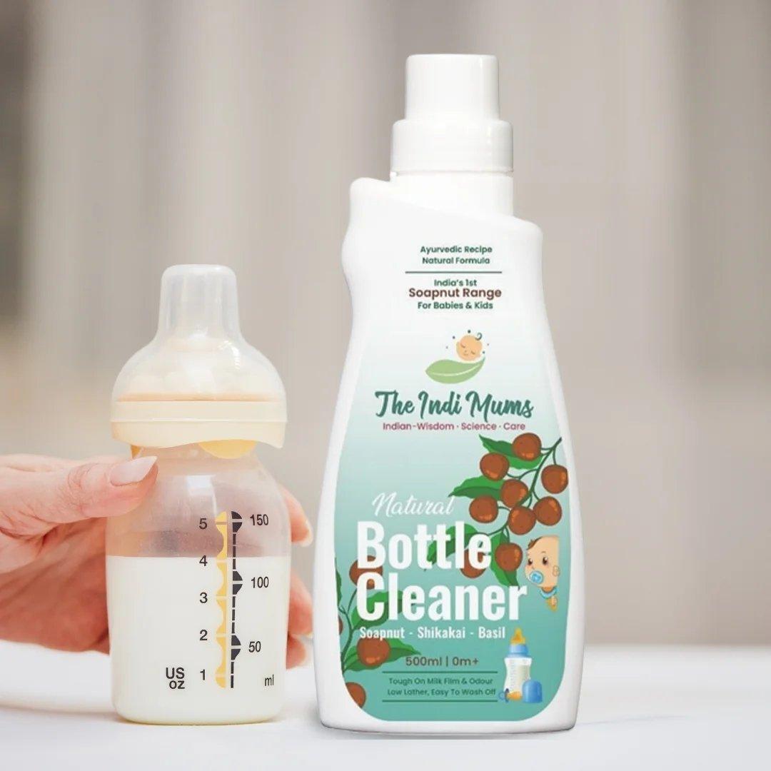 A bottle of The Indi Mums Natural Bottle Cleaner, highlighting its natural ingredients like soapnut, shikakai, and basil
