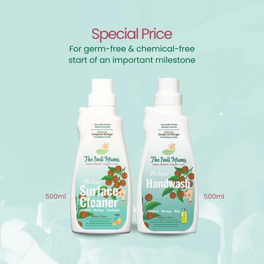 A set of The Indi Mums Natural Handwash and Surface Cleaner, highlighting their natural ingredients and special price.

