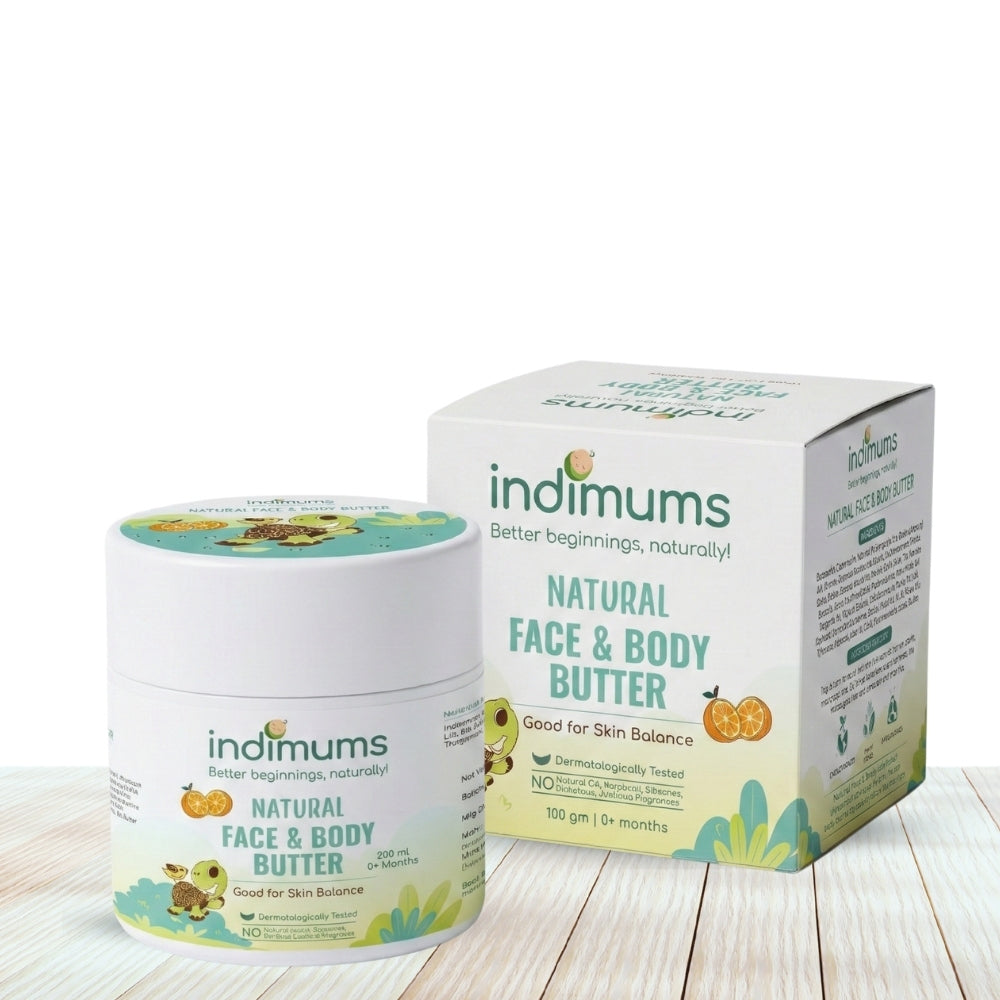 Indimums natural baby face and body butter jar and packaging on a white background