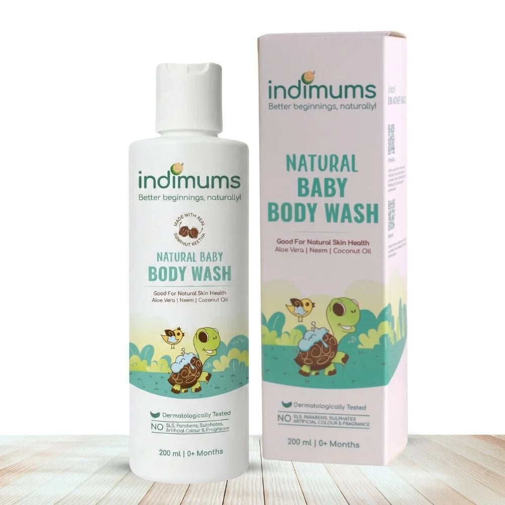 bottle and outer box of indimums baby body wash