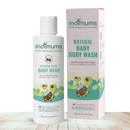 bottle and outer box of indimums baby body wash