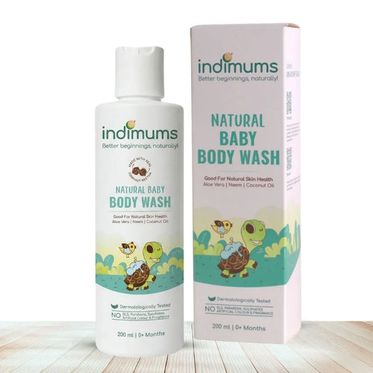 bottle and outer box of indimums baby body wash