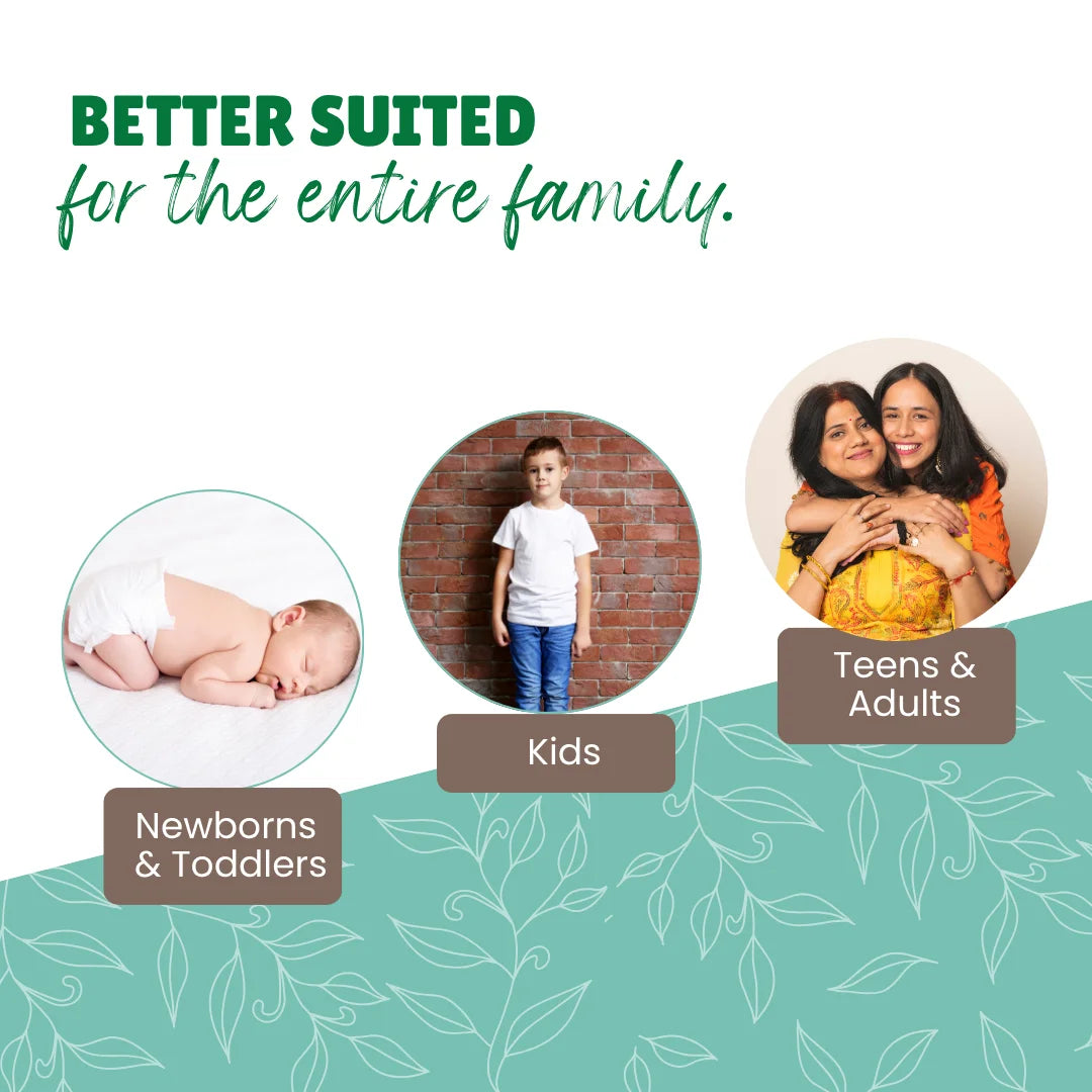 Family-focused marketing image showing three circular photos - a sleeping newborn, a young boy, and a mother with teenage daughter embracing. Text reads "BETTER SUITED for the entire family" with labels for "Newborns & Toddlers," "Kids," and "Teens & Adults."